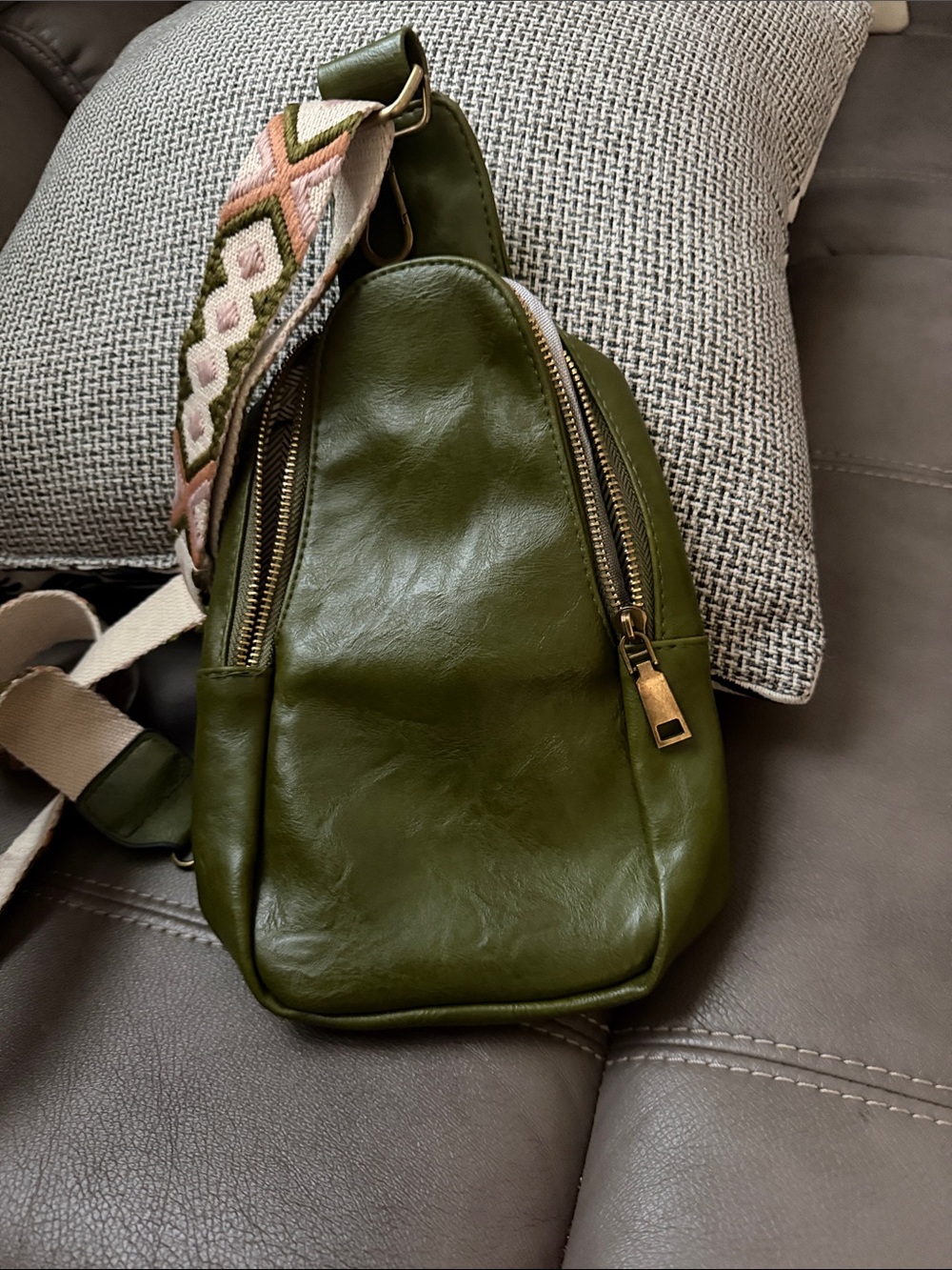 Green Leather Crossbody Sling Bag with Patterned Strap